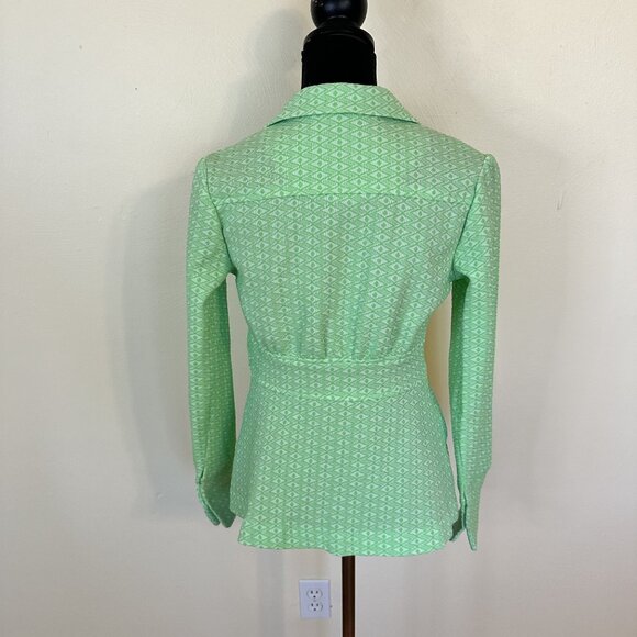 Vtg Womens Lime Green Pant Suit 1970s Diamond Print Button-Up Shirt Poly Medium - Picture 15 of 16